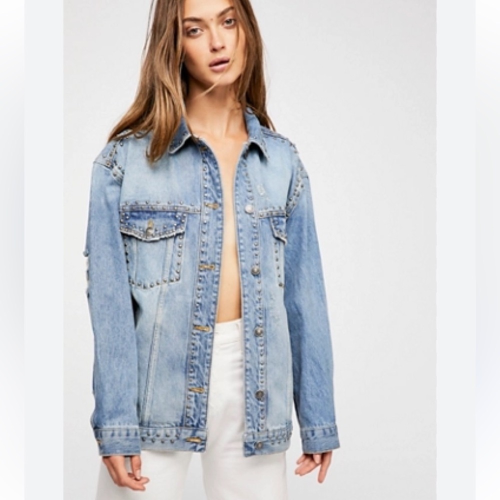 Free People Light Blue Distressed Jean Jacket riveted trucker denim studded